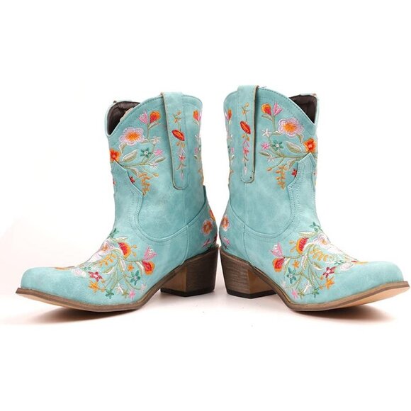Women's Light Blue Flower Embroidered Chunky Heel Snip Square Toe Western Boot - Picture 5 of 7